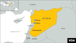 Peta wilayah Suriah, dengan letak kota Damaskus, Homs dan Hama.