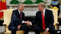 President Donald Trump shakes hands with with NATO Secretary General Jens Stoltenberg during a meeting in the Oval Office of the White House, Tuesday, April 2, 2019, in Washington. (AP Photo/Evan Vucci)