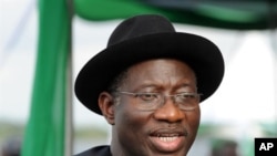 Nigerian President Goodluck Jonathan delivers a speech in Port Harcourt on 14 May 2010