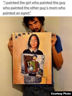 Artist Vince Law holds his painting. He painted the girl who painted the guy who painted ...