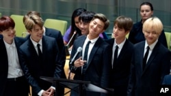 Members of the Korean K-pop group BTS attend a meeting at the United Nations high-level event regarding youth during the 73rd session of the United Nations General Assembly at U.N. headquarters, Sept. 24, 2018.