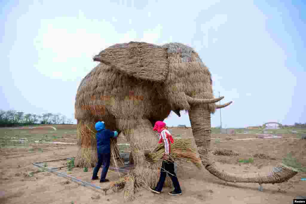 Dua petani membuat patung gajah dari jerami di Shenyang, Liaoning, China.