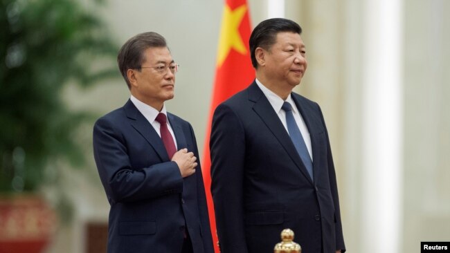 资料照:中国国家主席习近平为到访的韩国总统文在寅在北京人大会堂举行欢迎仪式。(2017年12月14日)