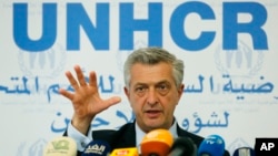 Filippo Grandi UN High Commissioner for Refugees, gestures as he speaks during a press conference, in Beirut, Lebanon, Aug. 31, 2018. 