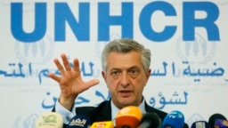 Filippo Grandi UN High Commissioner for Refugees, gestures as he speaks during a press conference, in Beirut, Lebanon, Aug. 31, 2018. 