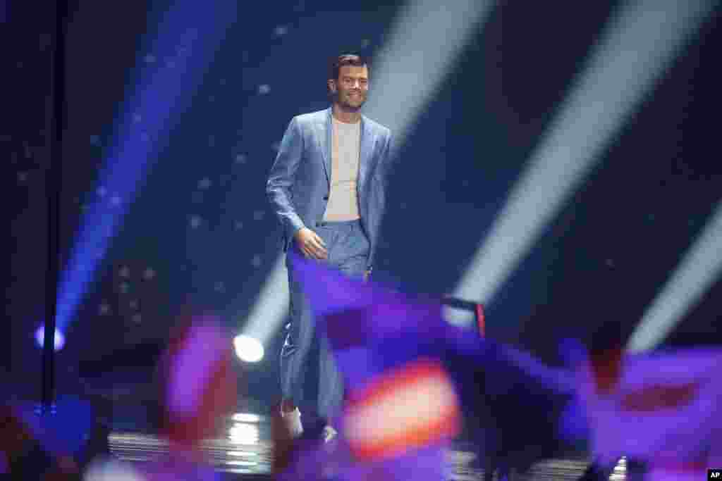 Robin Bengtsson is introduced during the Final for the Eurovision Song Contest, in Kyiv, Ukraine, May 13, 2017.