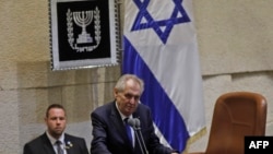 Czech President Milos Zeman speaks during a session of the Israeli parliament, in Jerusalem, Nov. 26, 2018.