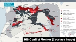Islamic State territorial losses between January 2015 and July 2016 (IHS Conflict Monitor)
