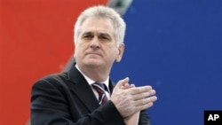 Serbia's Progressive Party leader Tomislav Nikolic attends a protest rally in Belgrade, Serbia, April 16, 2011