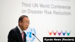 United Nations Secretary-General Ban Ki-Moon delivers a speech during an opening ceremony of the third United Nations World Conference on Disaster Risk Reduction (WCDRR) in Sendai, northern Japan, March 14, 2015.
