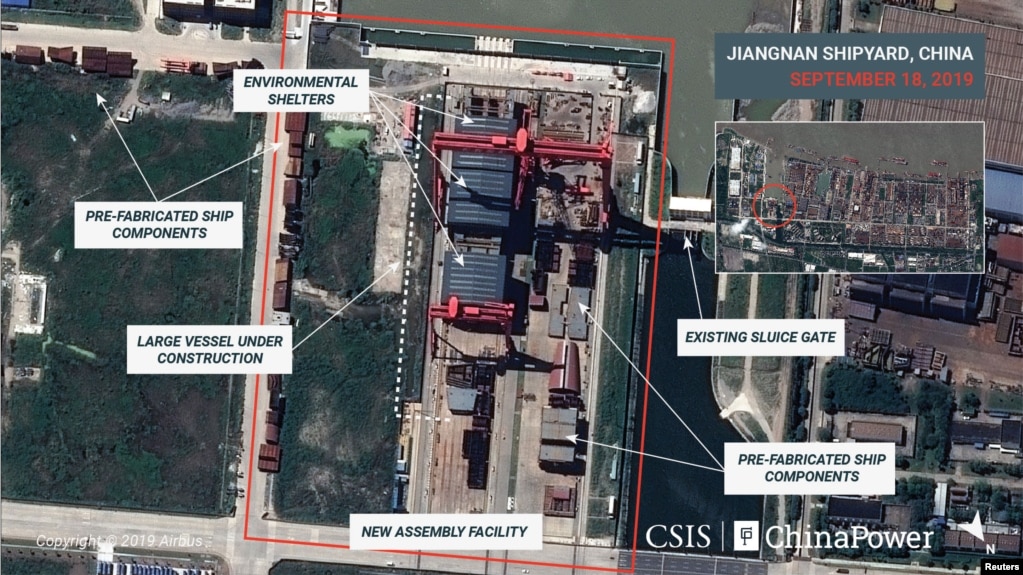 卫星图像显示上海江南造船厂正在建造中国第一艘全尺寸航空母舰 (资料照 2019年9月18日)(photo:VOA)