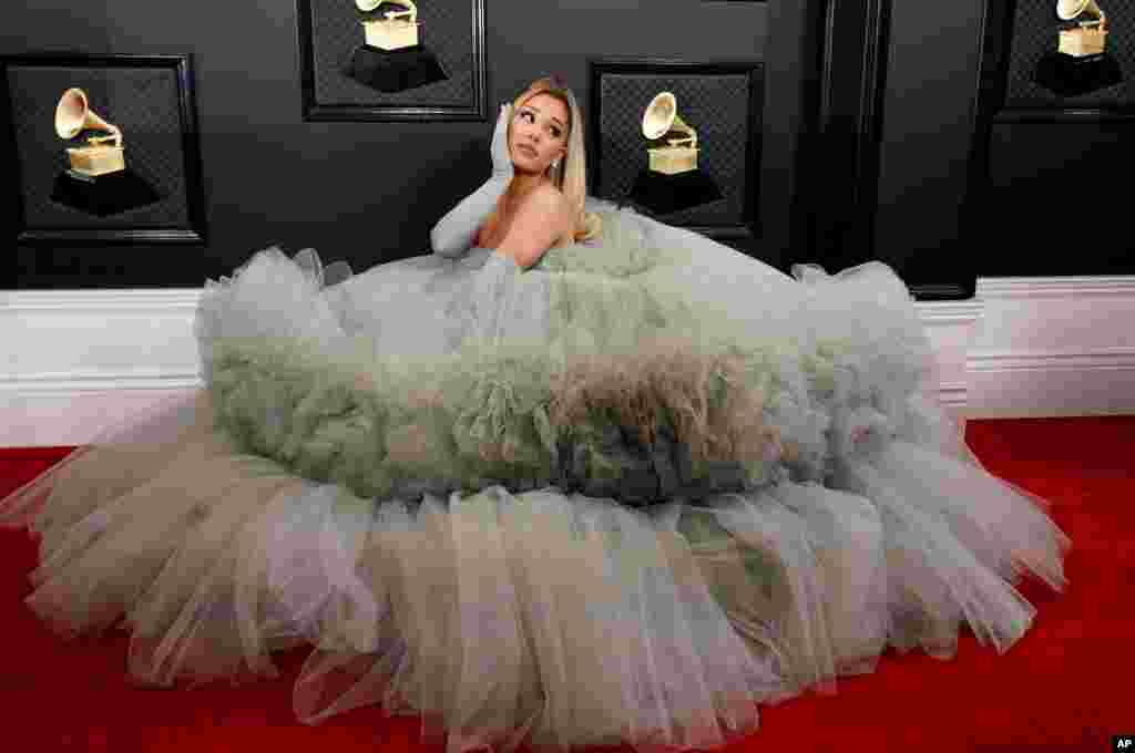 Ariana Grande arrives at the 62nd annual Grammy Awards at the Staples Center in Los Angeles, California, Jan. 26, 2020.