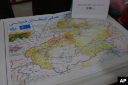 A map showing "East Turkistan," the name Uighurs who oppose Chinese rule call their homeland, a region China refers to as Xinjiang is seen at a bookstore in Istanbul's Zeytinburnu neighborhood, Dec. 14, 2017.