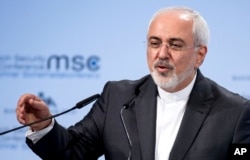 Iran's foreign minister Mohammad Javad Zarif, speaks at the Security Conference in Munich, Feb. 18, 2018.