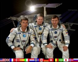 From left, Russia's Sergei Krikalev, American Bill Shepherd and Russia's Yuri Gidzenko are the first astronauts to live in the International Space Station. They left Earth on October 31, 2000 and opened the station two days later, (Photo courtesy of NASA)