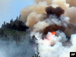 In this June 7, 2018 photo provided by Inciweb, flames and smoke billow skyward as a wildfire burns near Durango, Colorado.