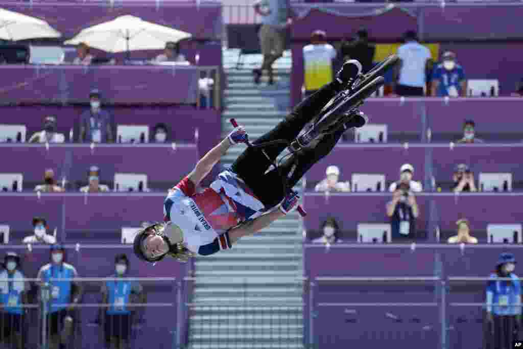 Charlotte Worthington of Britain competes in the women&#39;s BMX freestyle final at the 2020 Summer Olympics in Tokyo, Japan.