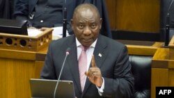 FILE: South-African President Cyril Ramaphosa addresses South African Parliament on May 22, 2019 in Cape Town.