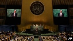 지난해 4월 뉴욕 유엔 본부에서 열린 핵확산금지조약(NPT) 평가 회의에서 존 케리 미 국무장관이 연설하고 있다. (자료사진)