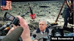 An image showing the U.S. Ambassador to Russia giving a press conference on the moon was used to make a point about propaganda in Russia.