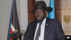 President of South Sudan Salva Kiir Mayardit speaks on the occasion of the sixth anniversary of his country's independence at the presidential palace in Juba, July 9, 2017.
