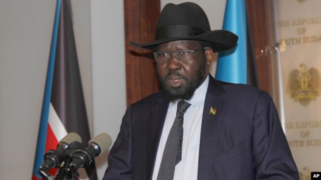 President of South Sudan Salva Kiir Mayardit speaks on the occasion of the sixth anniversary of his country's independence at the presidential palace in Juba, July 9, 2017.