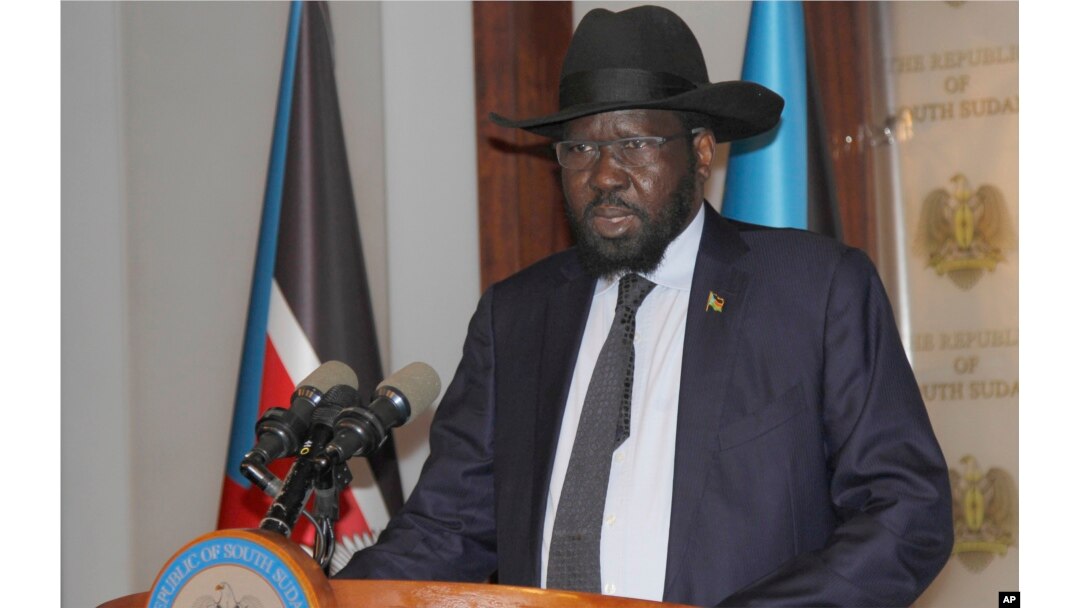 FILE - President of South Sudan Salva Kiir speaks at the presidential palace in Juba, July 9, 2017.