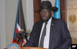 FILE - President of South Sudan Salva Kiir Mayardit speaks on the occasion of the sixth anniversary of his country's independence at the presidential palace in Juba, July 9, 2017.