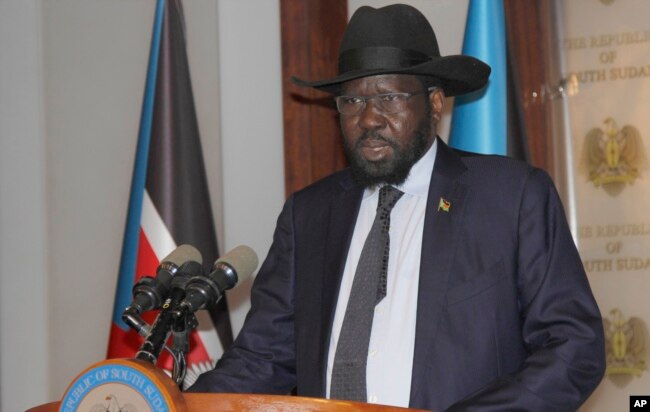 FILE - President of South Sudan Salva Kiir Mayardit speaks on the occasion of the sixth anniversary of his country's independence at the presidential palace in Juba, July 9, 2017.