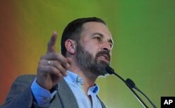 Spain's far-right Vox party President Santiago Abascal takes part in a rally during regional elections in Andalusia, in Seville, Spain.