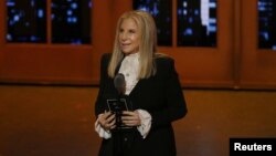 FILE - Singer Barbra Streisand speaks on stage during the American Theatre Wing's 70th annual Tony Awards in New York, U.S., June 12, 2016.