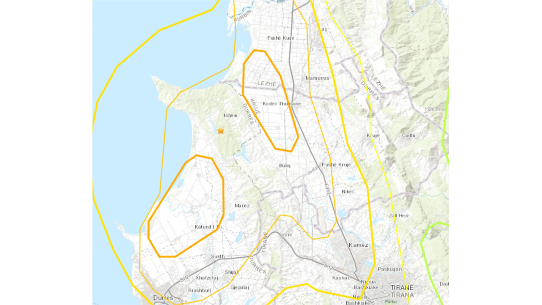 Mapa ugroženih područja posle niza potresa u Albaniji