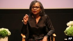 FILE - Anita Hill speaks at a discussion about sexual harassment at United Talent Agency in Beverly Hills, California, Dec. 8, 2017. Hill, who was one of the first women to bring the issue of sexual harassment into American public discourse in the early 1990s, has been tapped to lead the new Commission on Sexual Harassment and Advancing Equality in the Workplace.