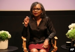 Anita Hill speaks at a discussion about sexual harassment at United Talent Agency in Beverly Hills, Calif., Dec. 8, 2017.