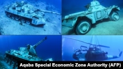 Un char de combat Khalid, un véhicule blindé, un hélicoptère AH-1 Cobra et un véhicule anti-aérien sont exposés dans le nouveau musée militaire sous-marin situé dans l'ASEZA en Jordanie.