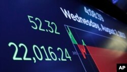 紐約證券交易所顯示屏上收盤時道瓊斯指數的表現 (2017年8月2日)