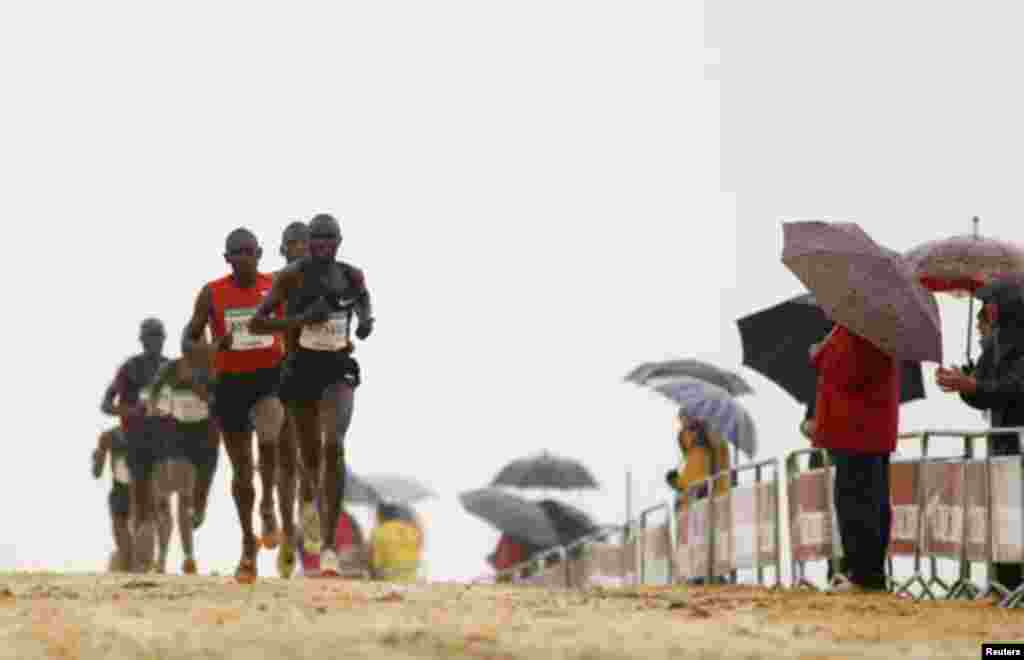 Geoffrey Kipsang of Kenya (front) competes ahead of Albert Rop of Kenya (front C) and Moses Kipsiro of Uganda during the Italica cross-country race in Santiponce, near Seville in southern Spain January 15, 2012.