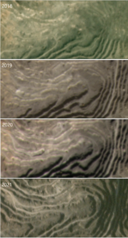 무산광산의 한 지점을 비교한 사진. 2018년부터 2021년까지 지형의 변화를 볼 수 있으며, 특히 2021년을 전후해 많은 채굴이 이뤄졌다는 사실을 알 수 있다. 자료=Planet Labs.