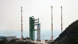 The Nuri rocket, the first domestically produced space rocket, sits on its launch pad at the Naro Space Center in Goheung, South Korea, Oct. 21, 2021. 