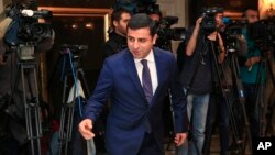 FILE - Selahattin Demirtas is pictured in Istanbul, Oct. 28, 2015. A former HDP co-leader who has been in prison since 2016, he says he'll use his influence to try to get the PKK to give up armed resistance if Recep Tayyip Erdogan is defeated in Turkish elections next month.