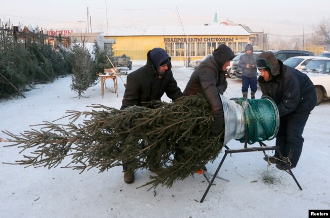 People shop for a New Year's tree at a street market with the air temperature of about -28 degrees Celsius in Krasnoyarsk, Siberia, Dec. 27, 2018.