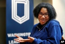 Naia McNatt, 14, talks about her experiences with personalized learning at Washington Leadership Academy in Washington, Aug. 23, 2017.