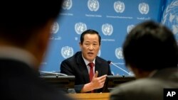 김성 유엔주재 북한 대사가 지난 5월 뉴욕 유엔본부에서 기자회견을 열어, 미국이 압류한 자국 선박 반환을 요구하고 있다. (자료사진)