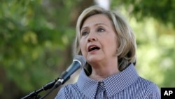 Democratic presidential candidate Hillary Rodham Clinton speaks during a news conference during a visit to the Iowa State Fair, Aug. 15, 2015, in Des Moines, Iowa. 