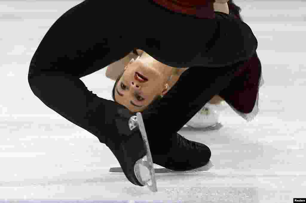 Russia's Ksenia Stolbova and Fedor Klimov compete during the pairs short program at the ISU World Figure Skating Championships in Saitama, north of Tokyo, Japan.
