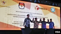 Peluncuran Indeks Kerawanan Pemilu (IKP) 2019 oleh Bawaslu bersama KPI, KPU dan Dewan Pers di Hotel Bidakara, Jakarta Selatan (25/9) (Foto: VOA/Ghita)