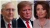 A gauche, le chef républicain Mitch McConnell, le président Donald Trump et House Speaker Nancy Pelosi.