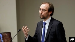 FILE - U.N. human rights chief Zeid Ra'ad al-Hussein speaks to Vanderbilt University School of Law students, April 5, 2017, in Nashville, Tennessee.