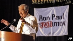 Representative Ron Paul of Texas speaks to a gathering of Tea Party supporters at the Hyatt Regency in Greenville, South Carolina, May 5, 2011