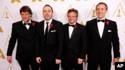 Left to right, Robert Lanciault, Andre Gauthier, Benoit Sevigny and Yves Boudreault, designers of the FILMBOX software application and recipients of a Scientific and Engineering Award, pose together at the Academy of Motion Picture Arts and Sciences' annual Scientific and Technical Awards, Feb. 15, 2014, in Beverly Hills, California.